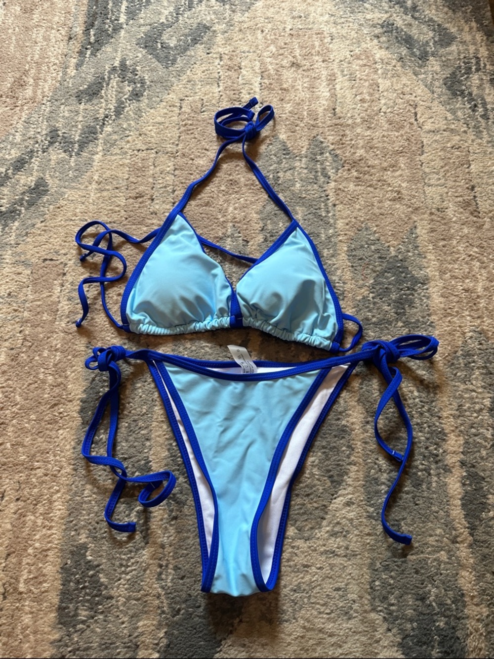 SHEIN Light Blue and Royal Blue Contrast Triangle Bikini